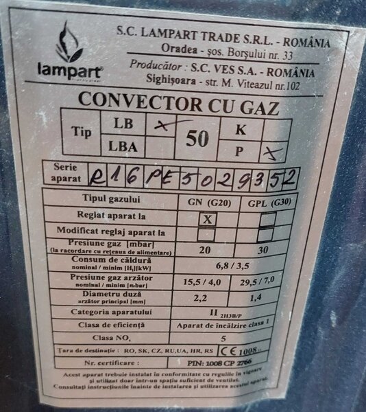Convector pe gaze, automatizat 3,5 si 6 kw